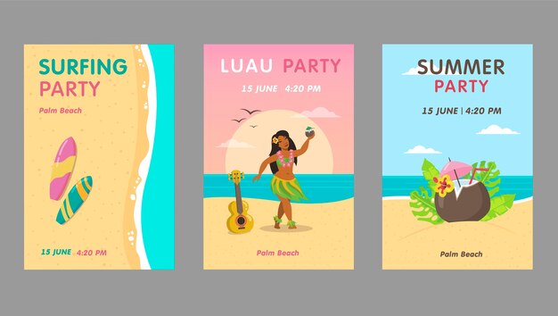 Colorful luau party invitation design set. Bright Hawaiian resort event invitations with text. Hawaii vacation and summer concept. Template for leaflet, banner or flyer