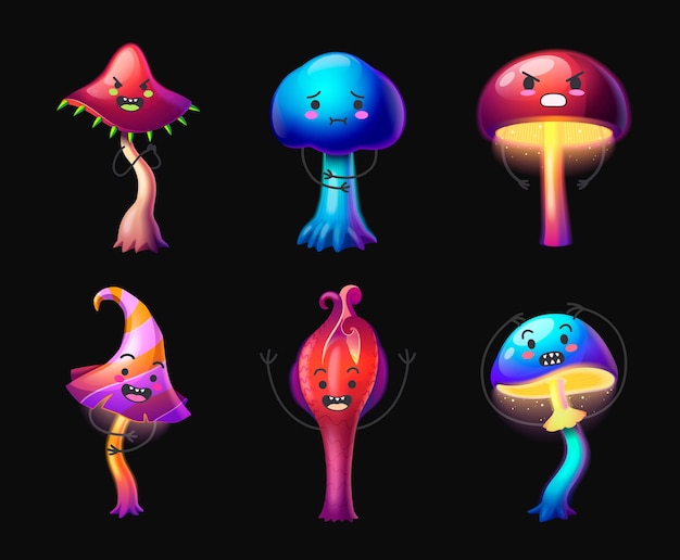 Free vector colorful magic mushroom characters expressing various emotions cartoon set isolated on black background vector illustration