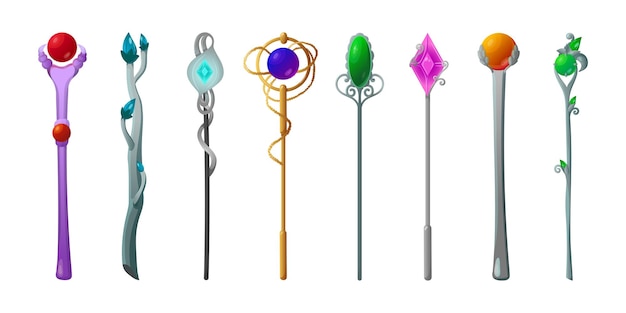 Free vector colorful magic wands for wizards cartoon illustration set. metal magicians walking sticks with crystals for games, app interface. staff and equipment for witches. fantasy, fairy tale, sorcery concept