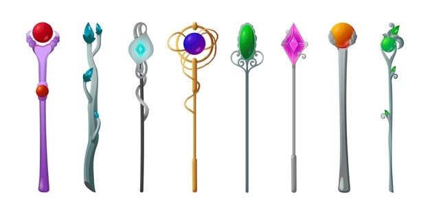 마법사 만화 삽화 세트를 위한 다채로운 마술 지팡이. 게임, 앱 인터페이스용 크리스탈이 달린 금속 마술사 지팡이. 마녀를 위한 직원과 장비. 판타지, 동화, 마법 개념