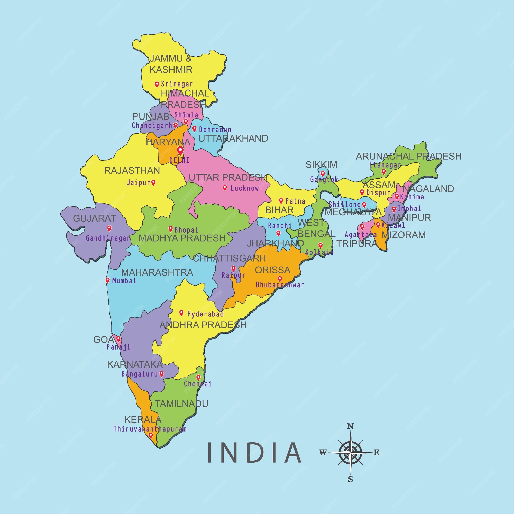 India Map With Capital Cities Premium Vector | Colorful Map Of India With Capital City On Blue Background.