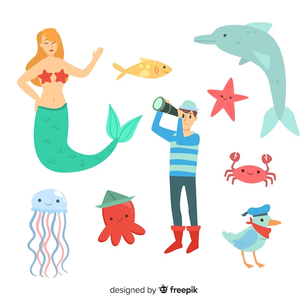 Colorful marine life character collection