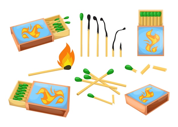 Colorful matchsticks and matchboxes flat illustration set