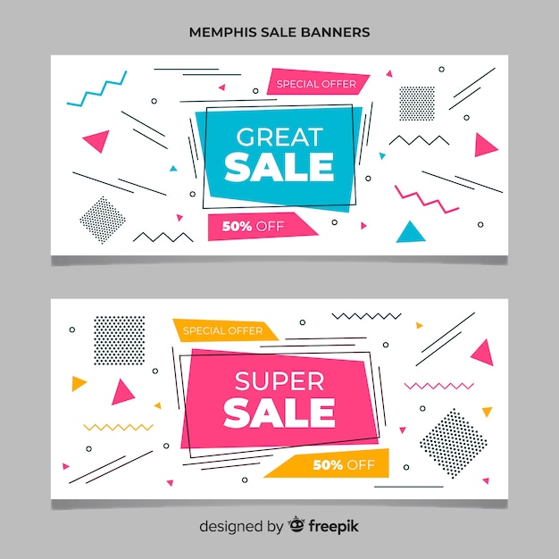 Free vector colorful memphis style sale banner set