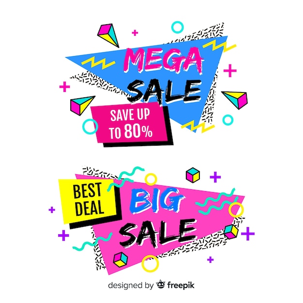 Free vector colorful memphis style sale banner set