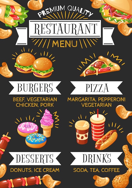 Free vector colorful menu of fast food restaurant with burgers pizza desserts and drinks on black background illustration