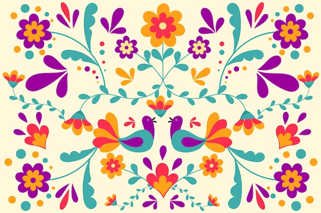 Colorful mexican background with flowers and birds