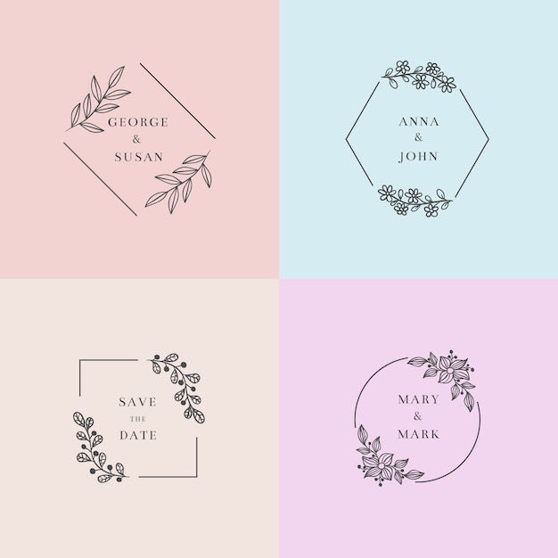 Free vector colorful minimalist wedding monograms in pastel colors