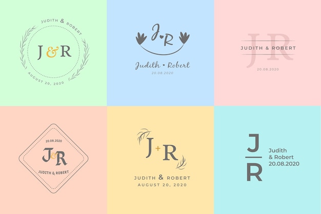 Free vector colorful minimalist wedding monograms in pastel colors