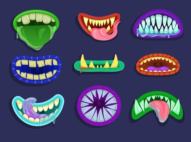 Colorful monster mouth cartoon vector illustration set. cute and scary goblin, gremlin, aliens mouths with tongue, decayed sharp teeth, and slobber. jaws collection of fanciful creatures for halloween