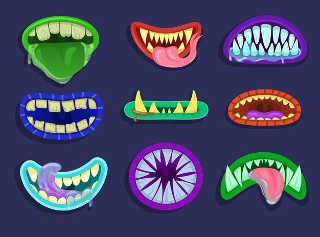 다채로운 괴물 입 만화 벡터 일러스트 레이 션을 설정합니다. 귀엽고 무서운 고블린, 그렘린, 혀가 있는 외계인의 입, 썩은 날카로운 이빨, 침을 흘리는 사람. 할로윈을 위한 기발한 생물의 Jaws 컬렉션