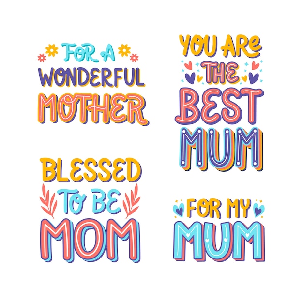 Colorful mothers day lettering stickers collection