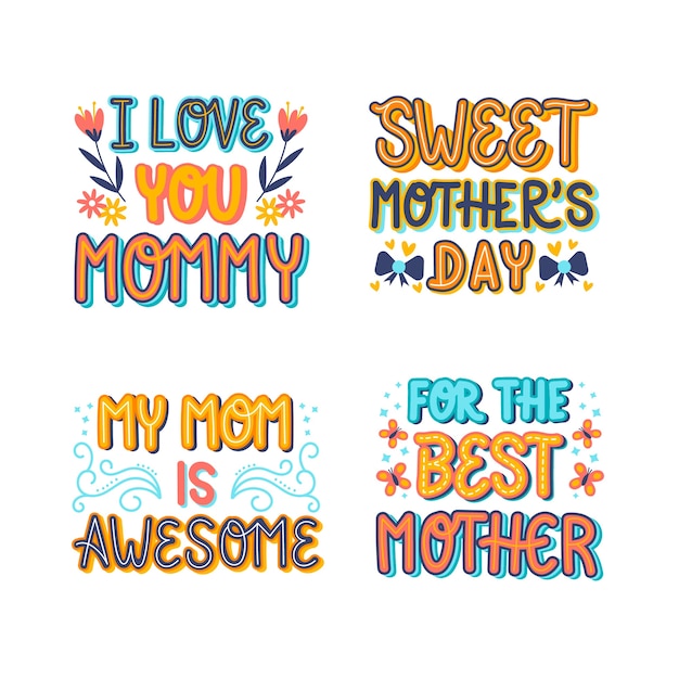 Free vector colorful mothers day lettering stickers collection