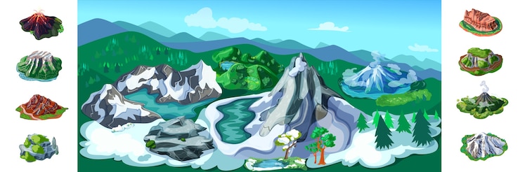 Free Vector colorful nature landscape background with beautiful snowy mountains volcanoes trees hills different rocks and peaks