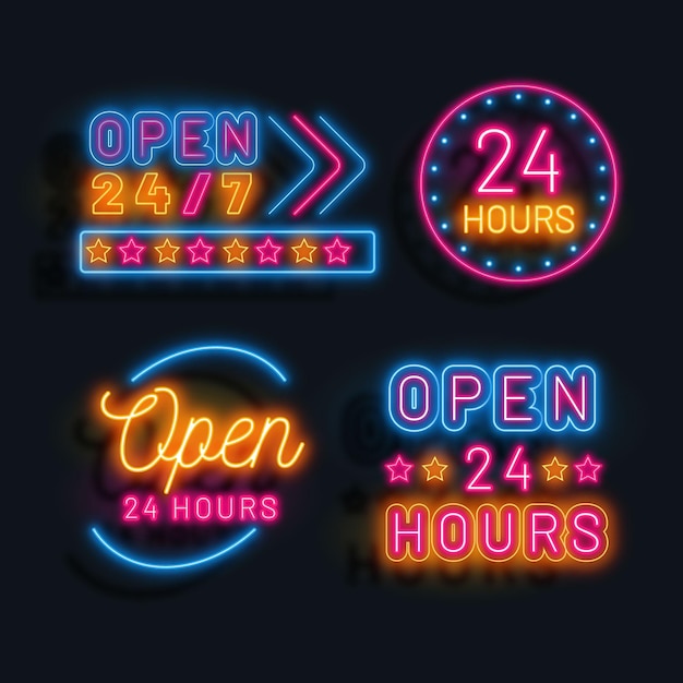 Free vector colorful neon open 24 hours signs