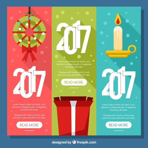 Colorful new year banners with different items in flat design