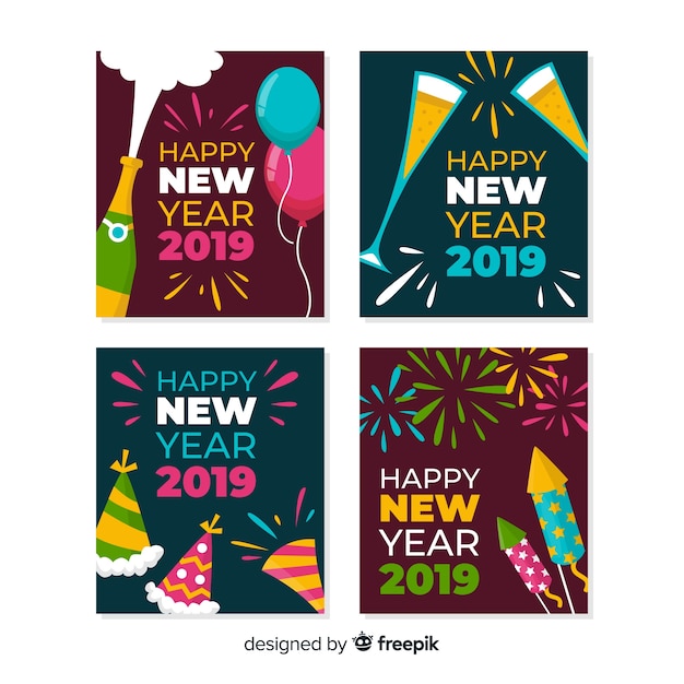 Free vector colorful new year party cards collection