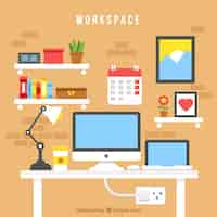 Free vector colorful office desk with flat design