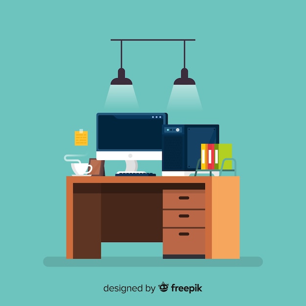 Free vector colorful office desk with flat design