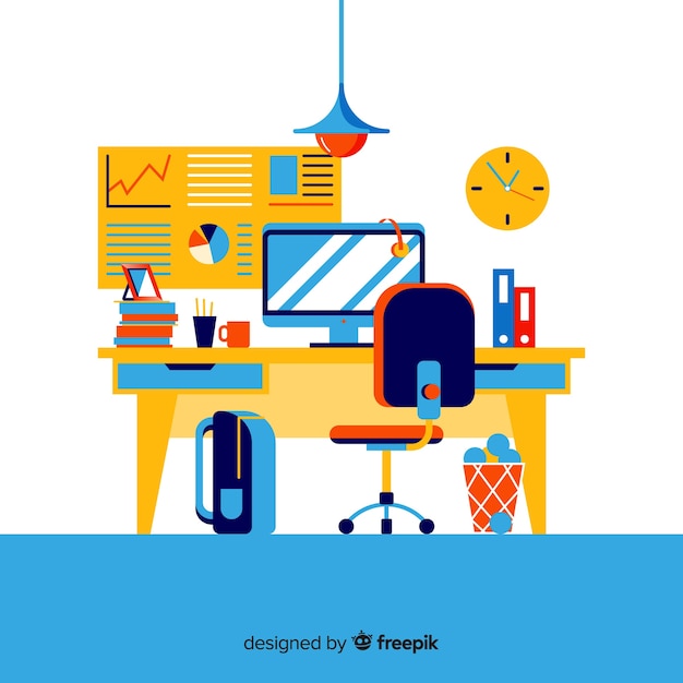 Free vector colorful office desk with flat design