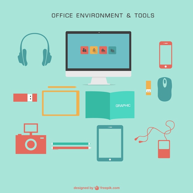Free vector colorful office environment and tools