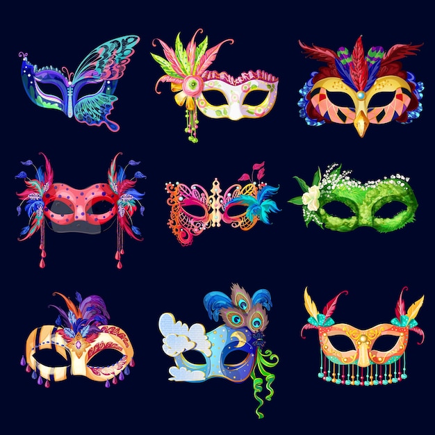 Free vector colorful ornate carnival masks set