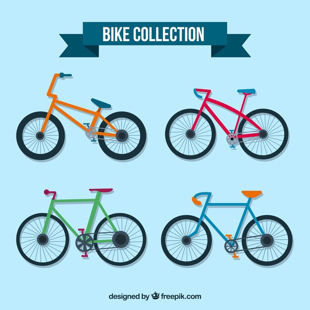 Colorful pack of bikes with flat design