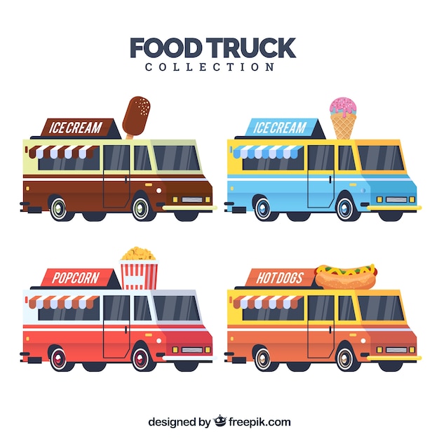 Free vector colorful pack of flat food trucks