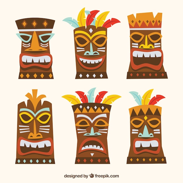 Free vector colorful pack of fun tiki masks