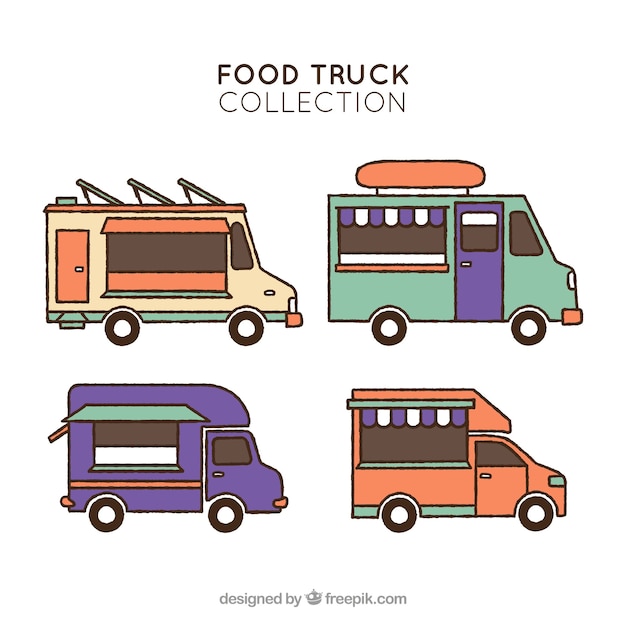 Free vector colorful pack of hand drawn food trucks