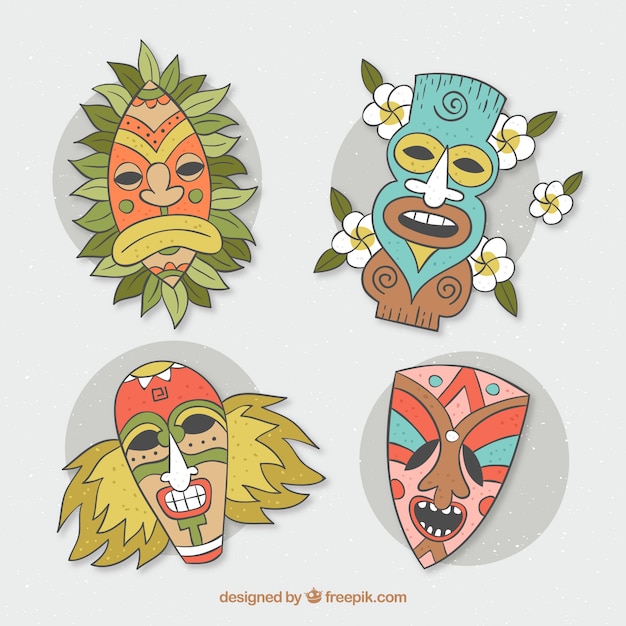 Colorful pack of hand drawn tiki masks