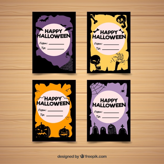 Vettore gratuito pacchetto colorato di moderne carte di halloween