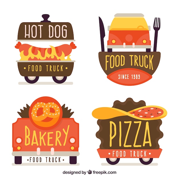 Бесплатное векторное изображение Красочная упаковка логотипов с плоскими продуктами питания