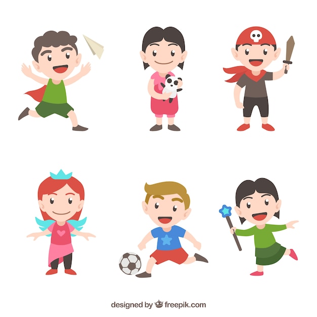 Colorful pack of six happy children playing with different objects