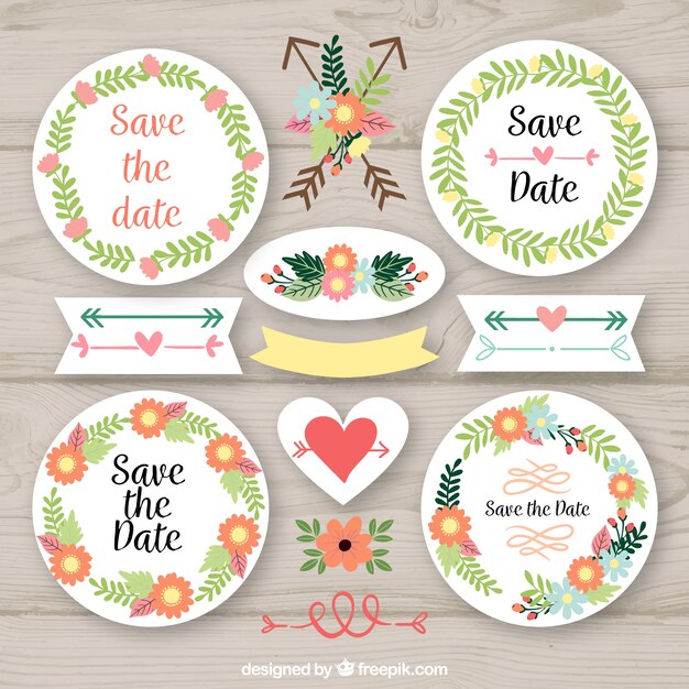 Colorful pack of wedding labels with floral frame