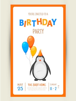 白い​背景​の​上​の​かわいい​ペンギン​と​カラフル​な​パーティ​の​招待状​。​お祝い​イベント​お​誕生日​おめでとう​。​色とりどり​。​ベクター​。