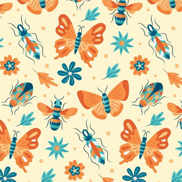 Colorful pattern with different insects and flowers