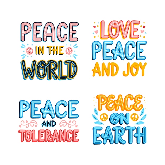 Free vector colorful peace and love lettering stickers