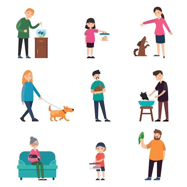 Free vector colorful people and pets collection