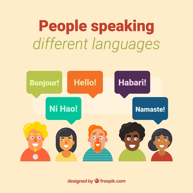 Colorful people speaking different languages with flat design