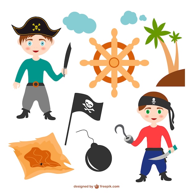 Free vector colorful pirate kids and black flag