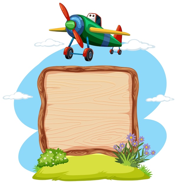 Free vector colorful plane flying above wooden sign