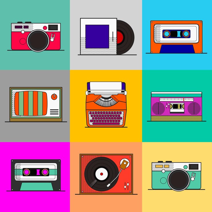 Free Vector colorful pop art object vintage vector sticker set