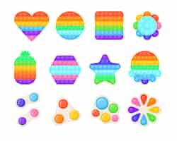 Free vector colorful pop it and simple dimple toy vector illustrations set. popular sensory fidget toys of different shapes, rainbow colored antistress gadgets, games for kids. toys, relaxation, anxiety concept