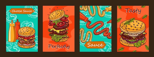 Free vector colorful posters design with burger and sauce.
