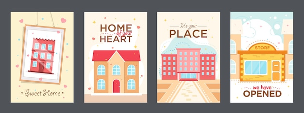 Poster colorati con case illustrazione vettoriale. elementi grafici vivaci con hotel, università e negozio. concetto di architettura e edifici