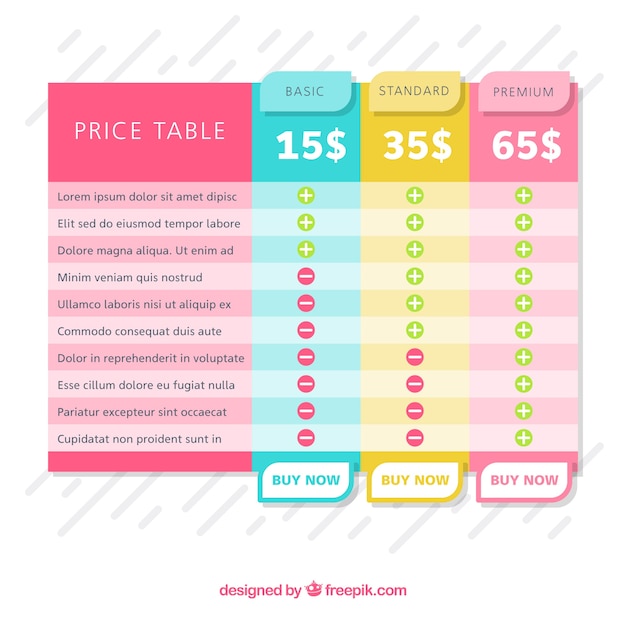 Colorful pricing tables