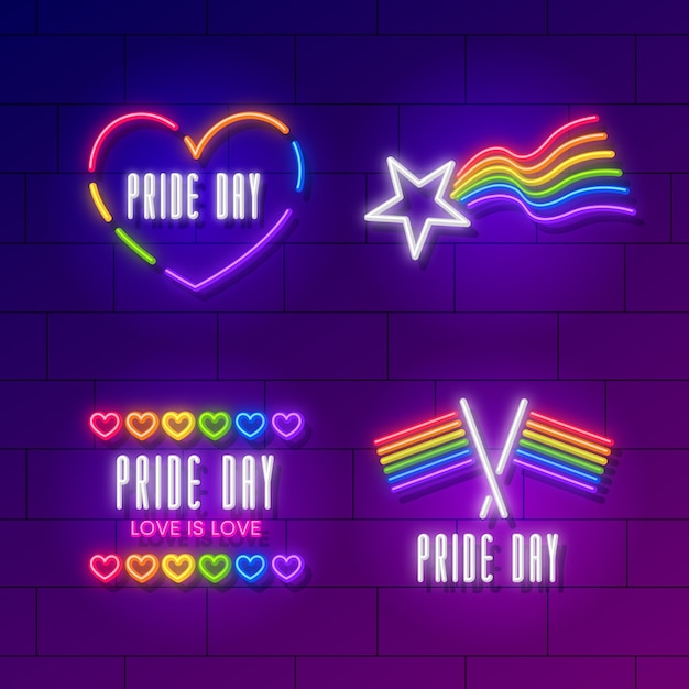 Free vector colorful pride day neon signs