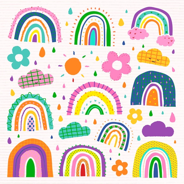 Arcobaleno colorato in un set vettoriale di stile doodle funky