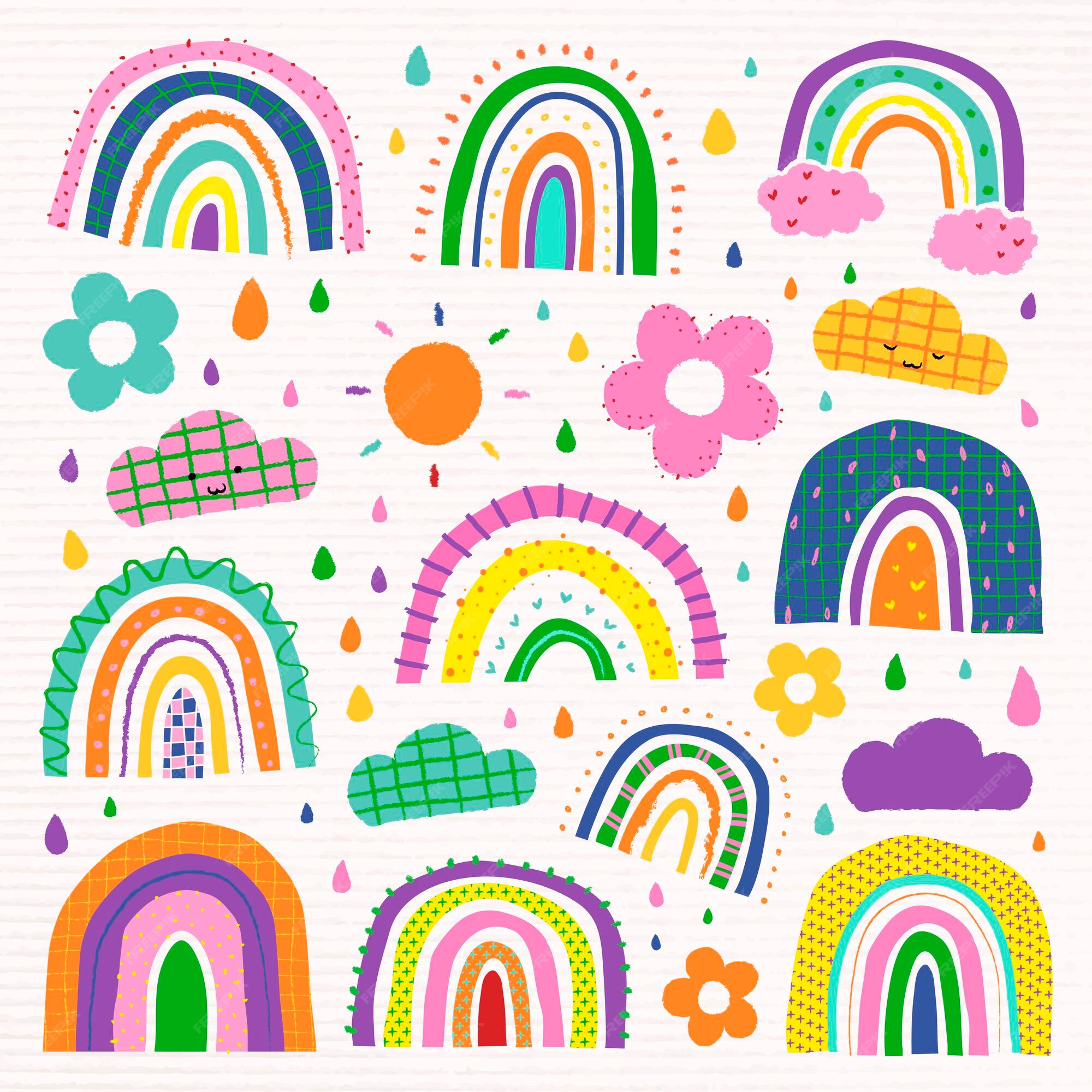 Free Vector | Colorful rainbow in funky doodle style vector set